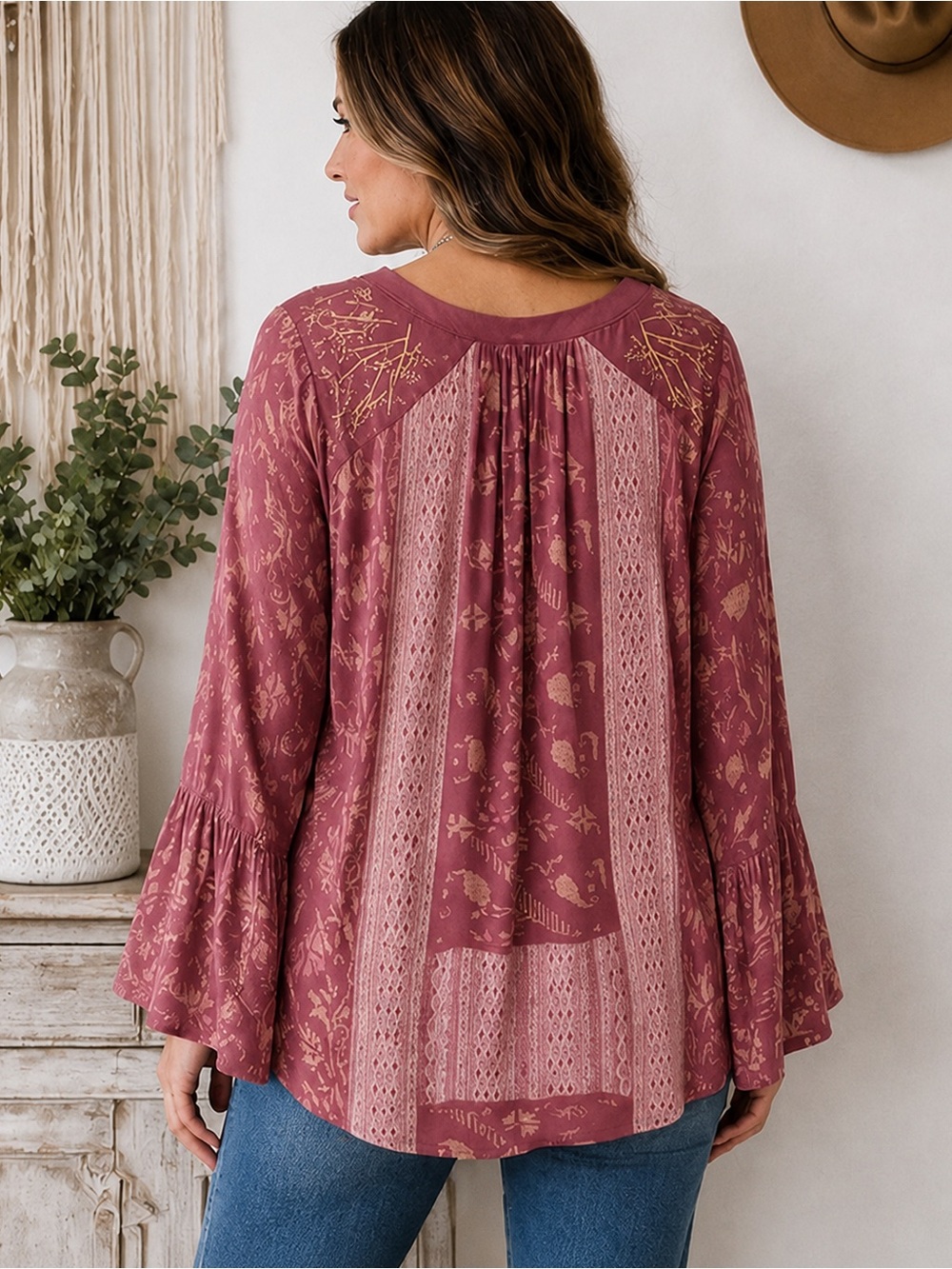 Lucky Brand Dusty Rose Patchwork V-Neck Bell Sleeve Tunic - Picture 3 of 3